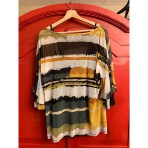 Valerie Stevens Size Large 2 Piece Blouse Tank Sheer Ruffle Sleeve Sunset Colors